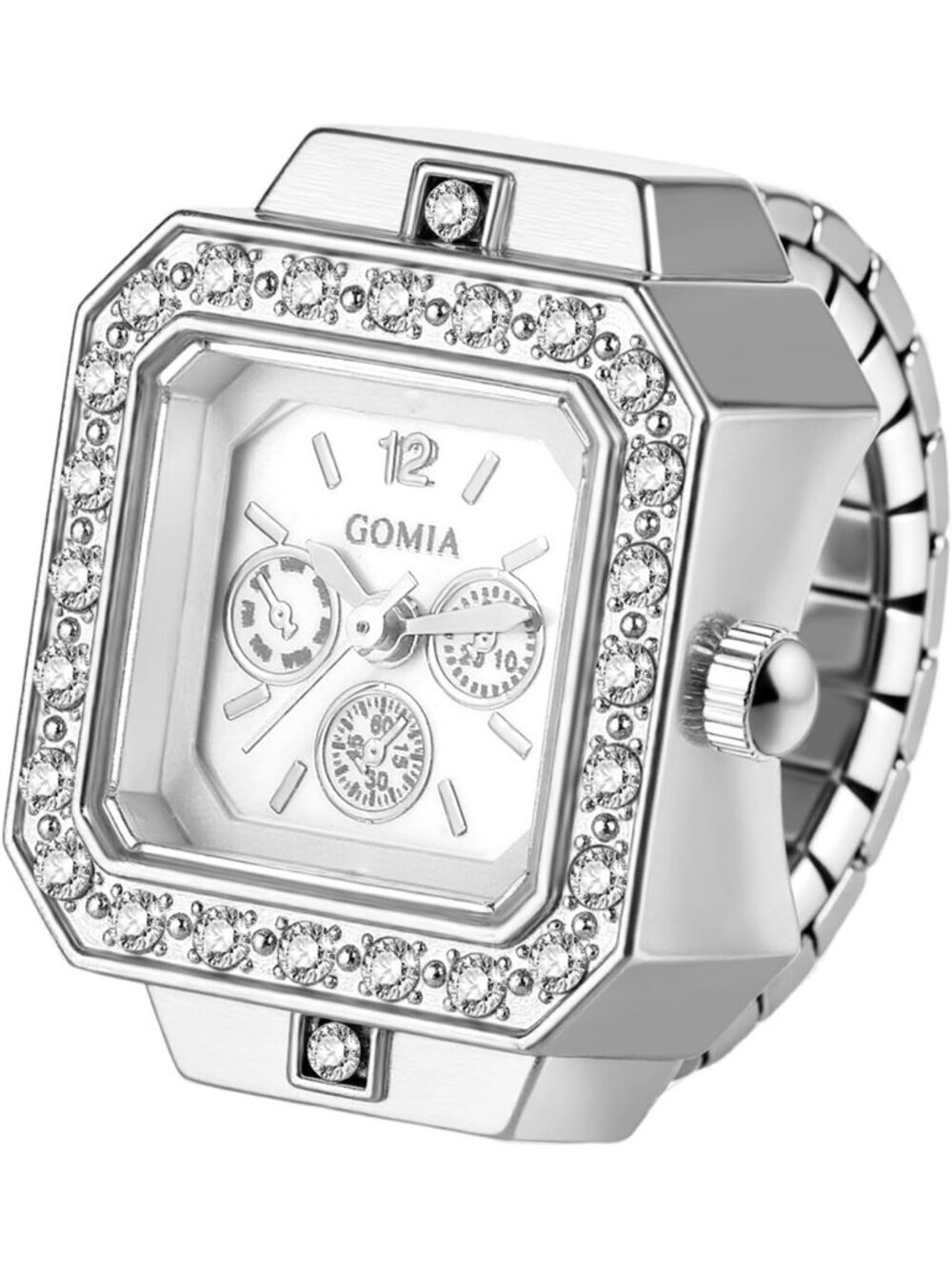 Unisex All Silver Quartz Stainless Steel Elastic Band Square Finger Ring Watch